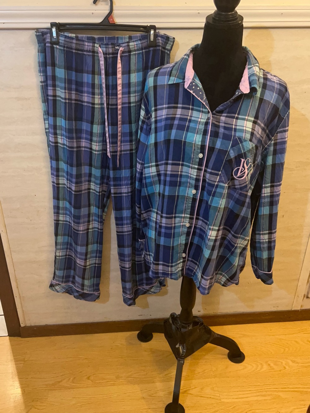 Victoria's Secret Blue Plaid Flannel Two-Piece Pajama Set with Pink Trim